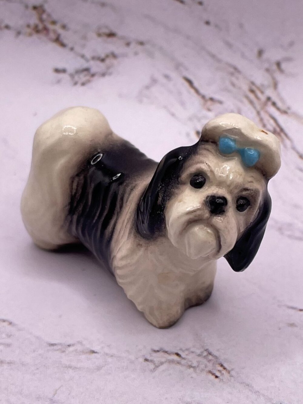 Vintage Hagen Renaker Miniature Shih Tzu Dog Figurine Blue Bow Topknot